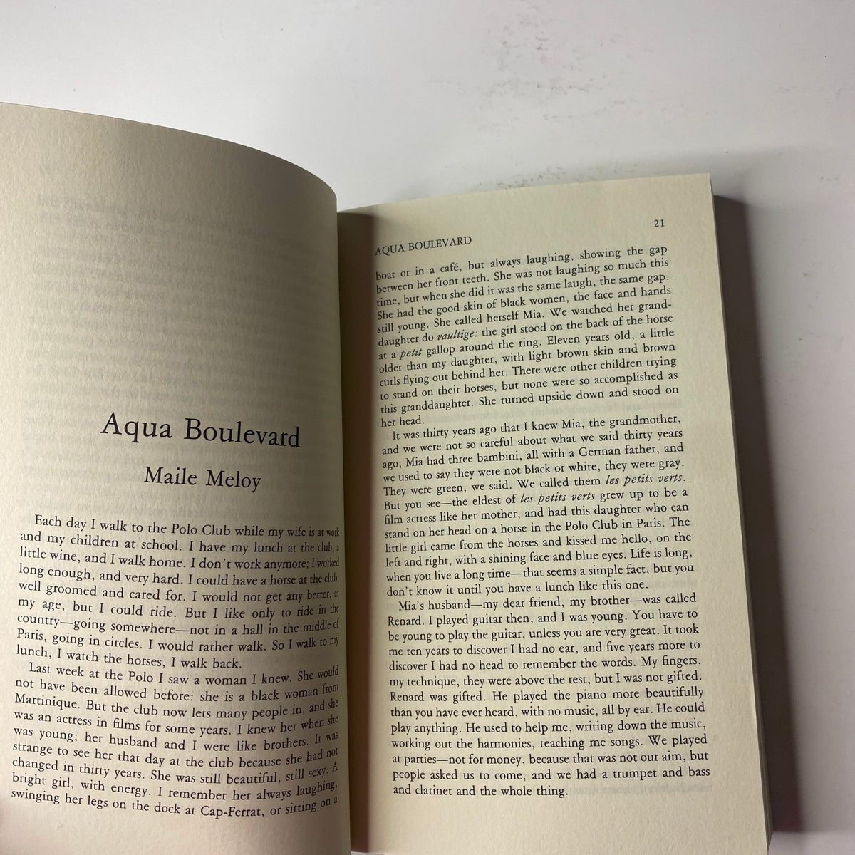 The Paris Review Magazine Spring-Summer 2001 No. 158 featuring the story 'Aqua Boulevard' by Maile Meloy. The image shows an open page from the magazine displaying text content.