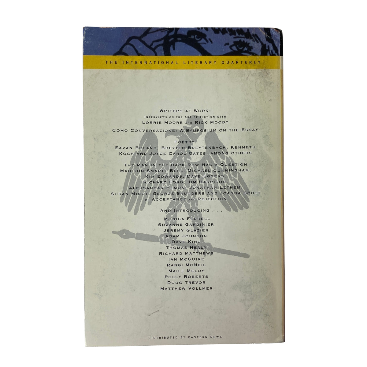 The back cover of The Paris Review Magazine Spring-Summer 2001 No. 158, highlighting contributors including Lorrie Moore and Rick Moody, and mentioning various literary works featured in the issue.