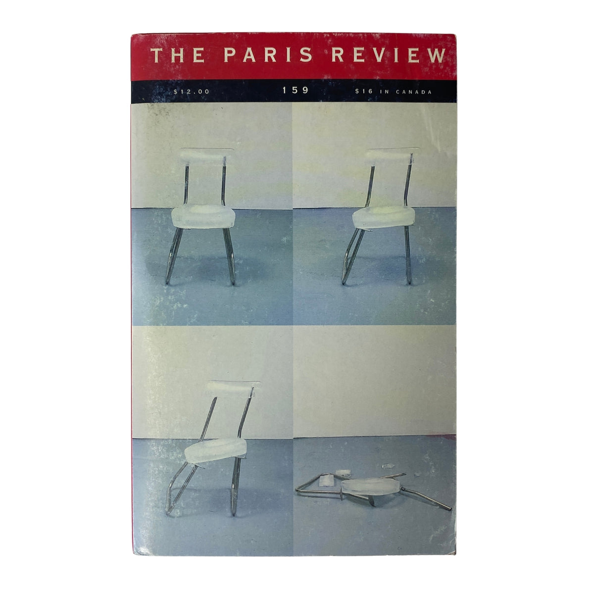 Cover of The Paris Review Magazine Fall 2001 No. 159 featuring a minimalist design with four images of a white chair on a blue background, priced at $12.00.