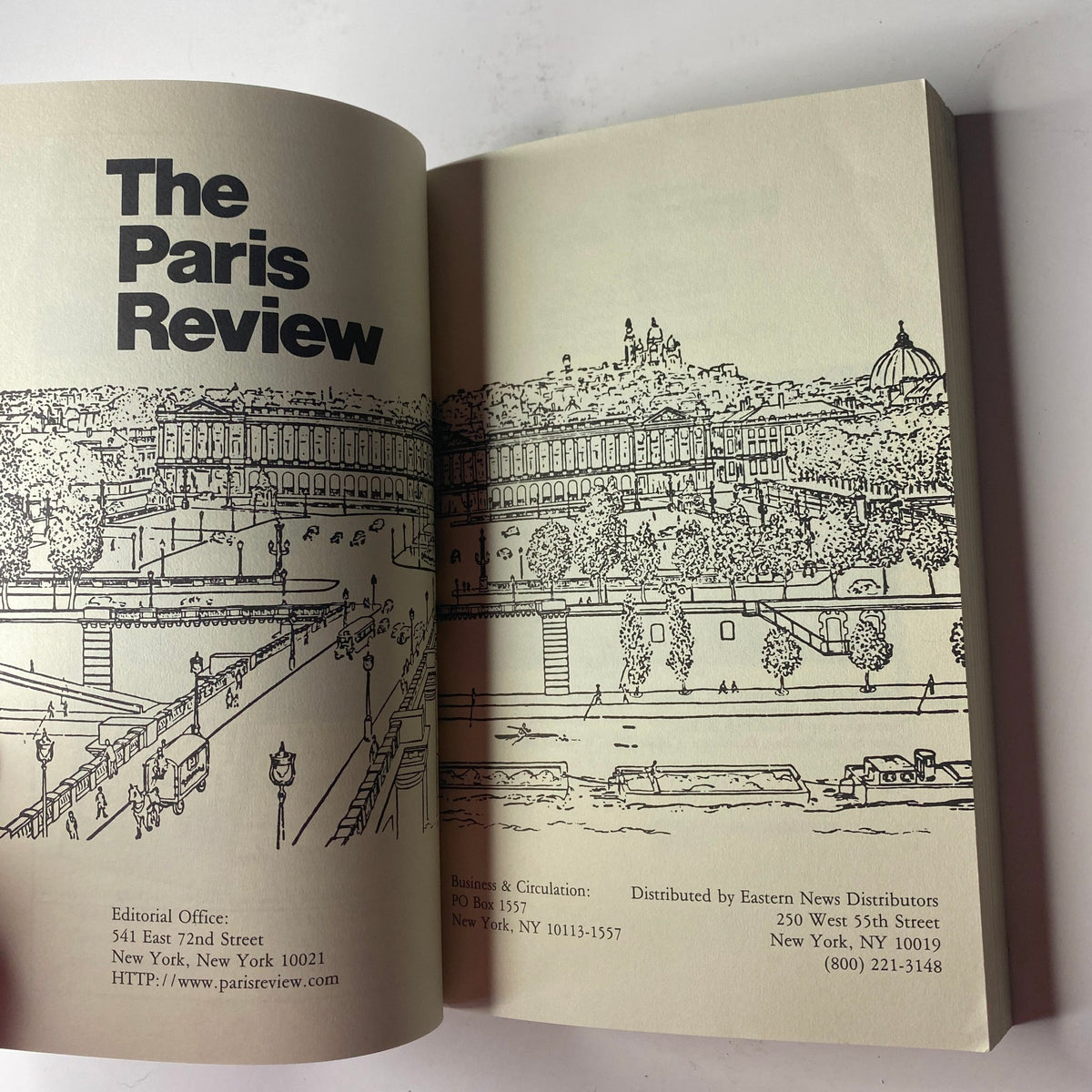 Interior page of The Paris Review Magazine Fall 2001 No. 159 displaying the magazine's editorial information and an illustration of a cityscape, highlighting the magazine's literary focus.