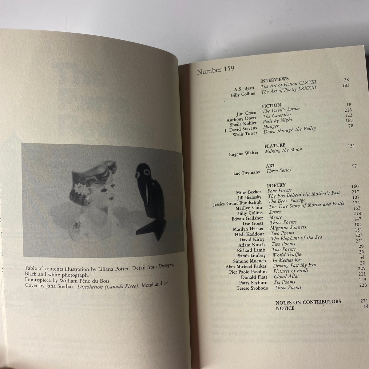 The Paris Review Magazine Fall 2001, Issue No. 159, featuring a table of contents illustration by Liliana Porter alongside detailed entries for interviews, fiction, and poetry including Eugene Walter's feature 'Milking the Moon'.