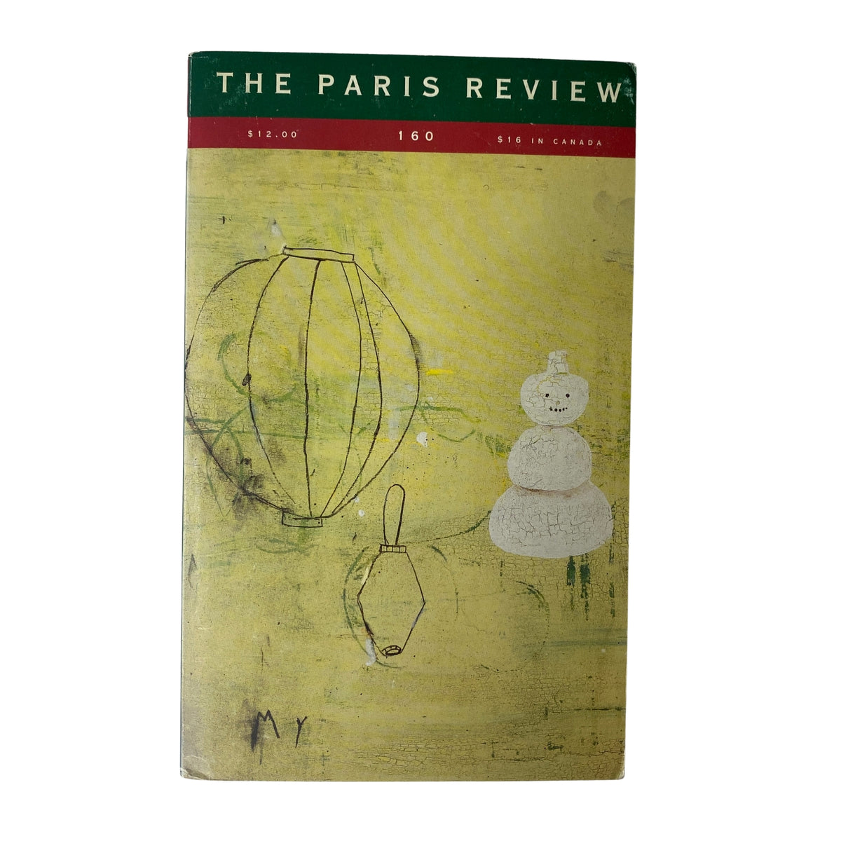 Cover of The Paris Review Magazine Winter 2001 No. 160 featuring a simple, artistic design with a green background and a drawing of shapes and figures.