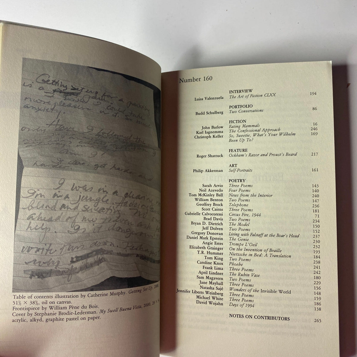 Interior page of The Paris Review Magazine Winter 2001 No. 160 featuring the table of contents, illustrating various literary contributions and author credits.