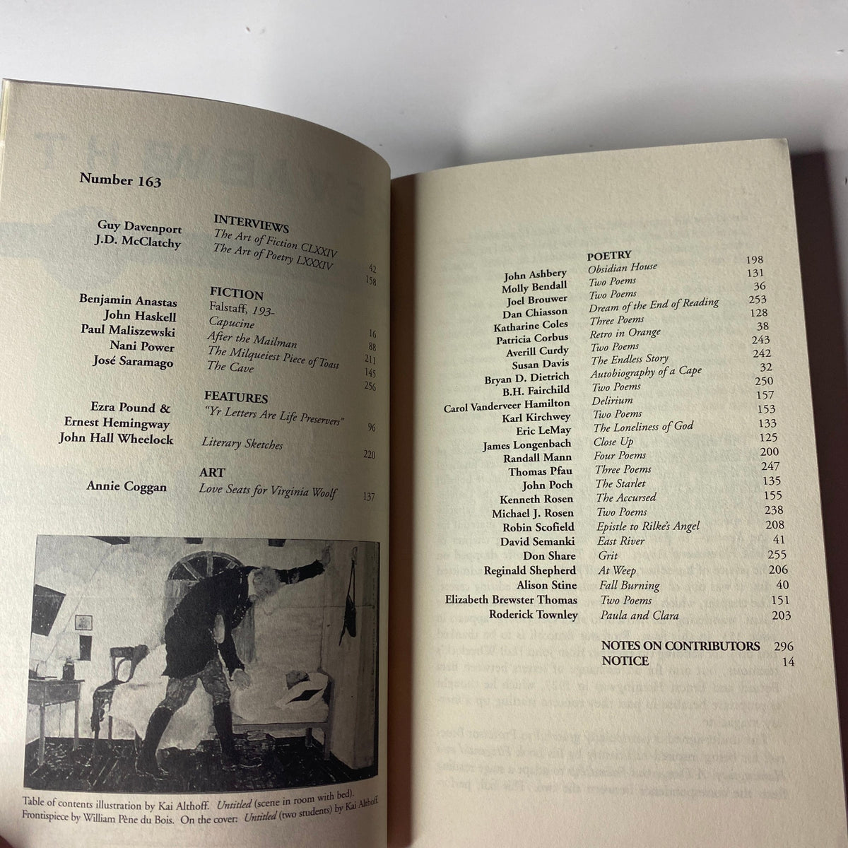 A page from The Paris Review Magazine Fall 2002 No. 163 displaying the table of contents, featuring a detailed list of interviews, fiction, poetry, and art for that issue.