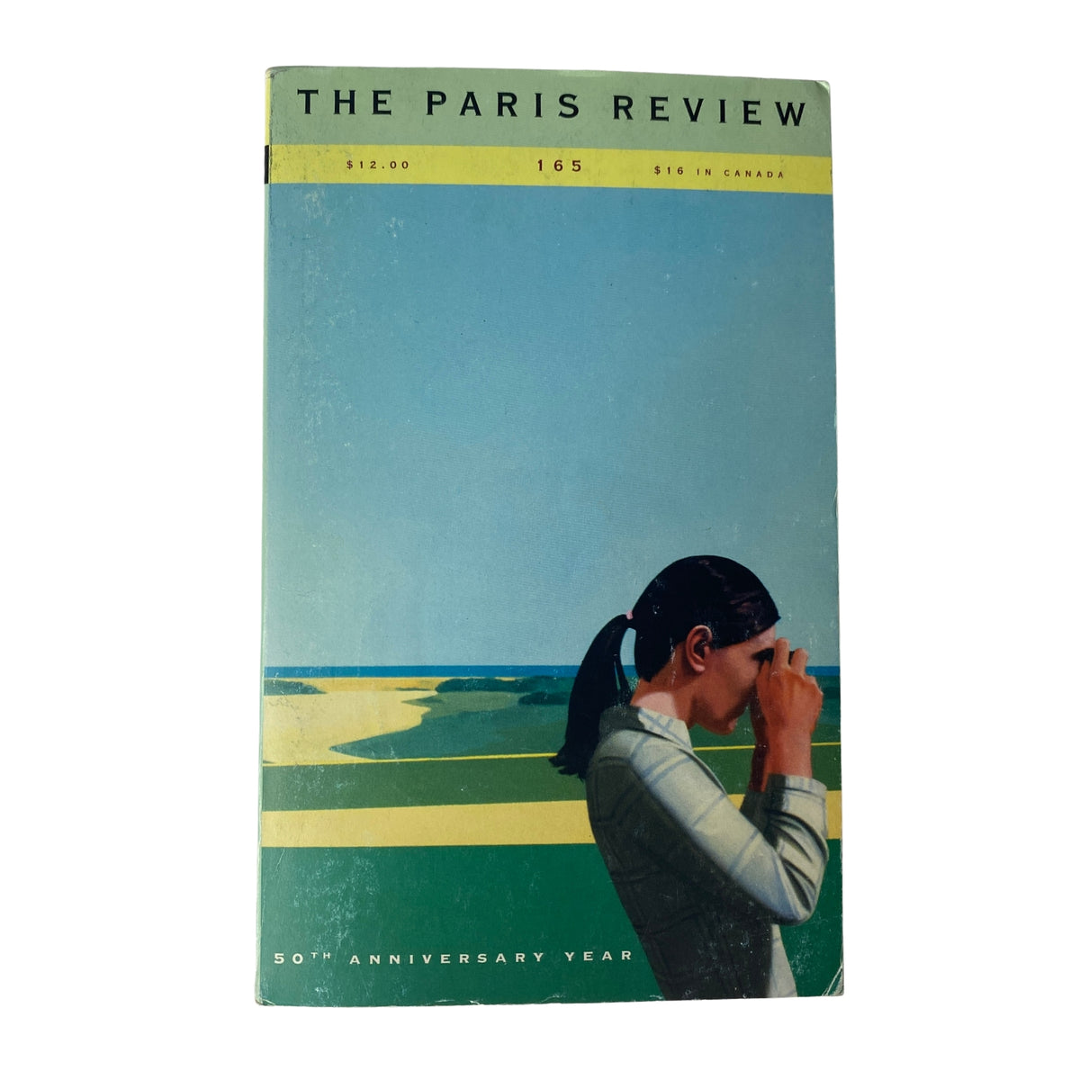 Cover of The Paris Review Magazine Spring 2003, Issue No. 165 with an illustration featuring a woman holding her head, symbolizing reflection, in a landscape setting. The magazine is part of its 50th Anniversary year.