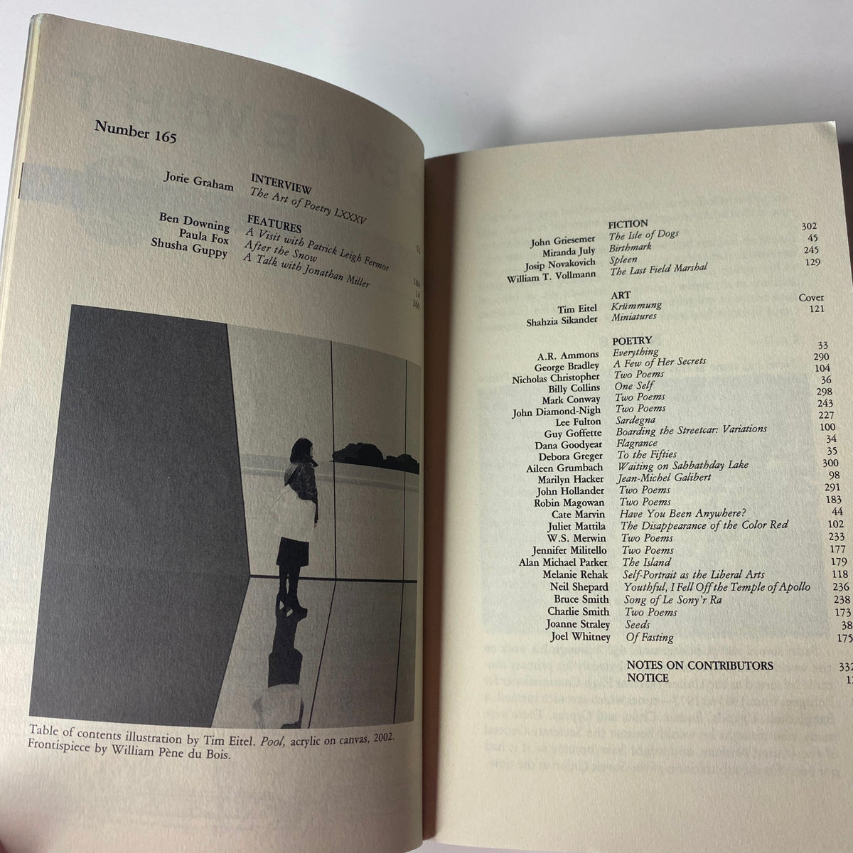 Another inside view of The Paris Review Magazine Spring 2003, Issue No. 165, highlighting the table of contents with features including interviews and contributions from various authors and artists.