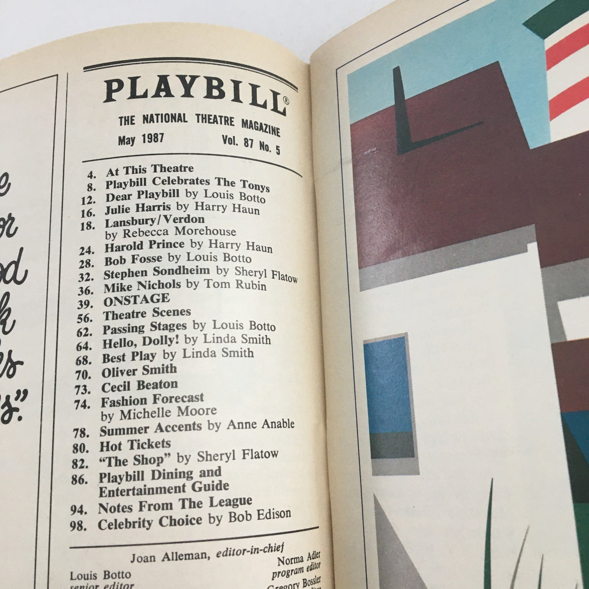 Interior page of the 1987 Playbill for Starlight Express, showcasing the table of contents and magazine details from May 1987.