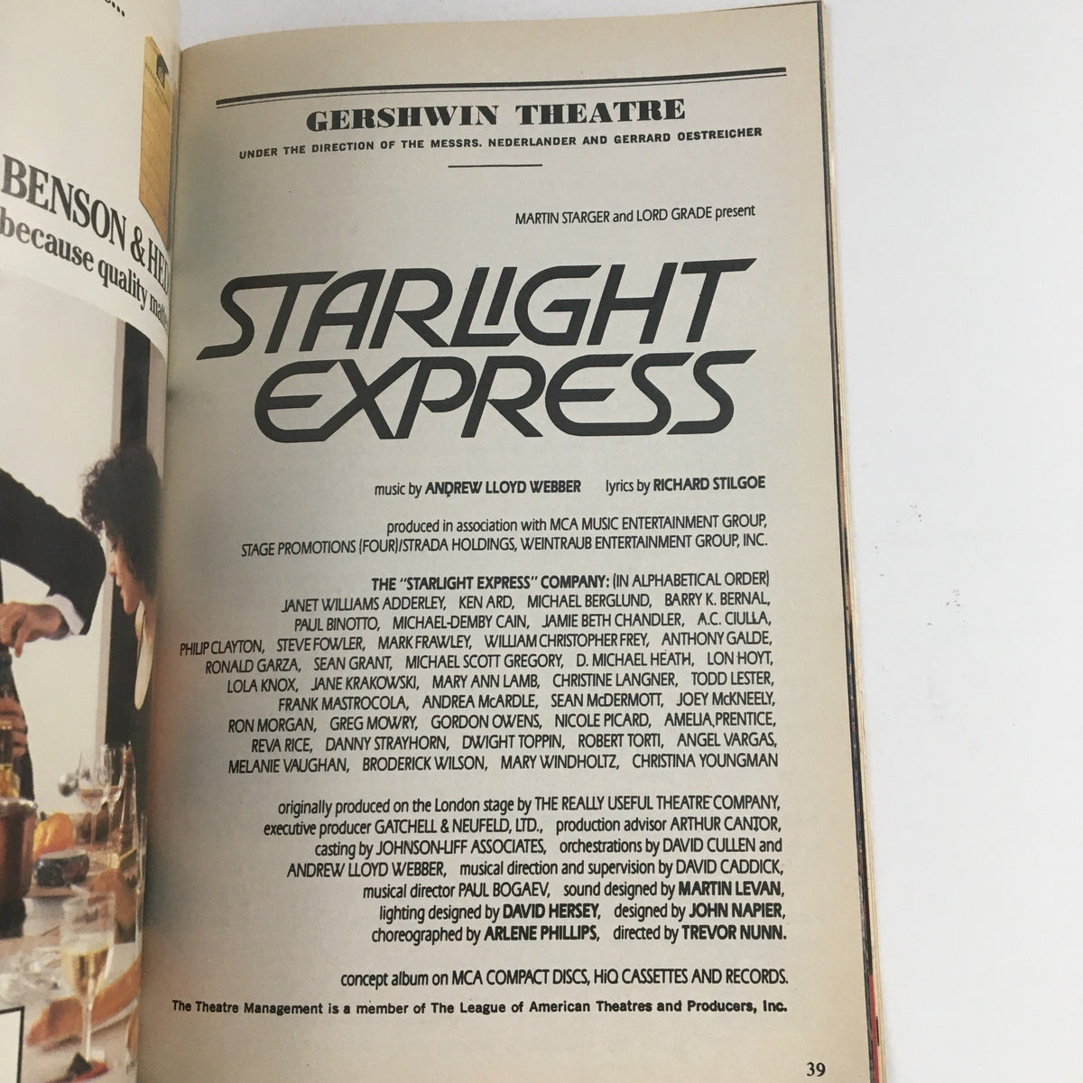 Another interior page from the 1987 Playbill for Starlight Express, listing cast and production credits for the show at Gershwin Theatre.