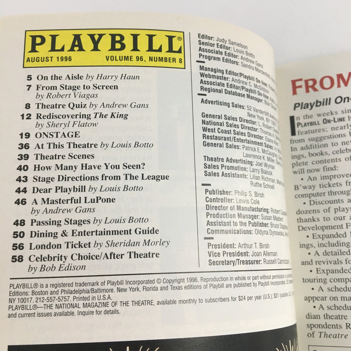 Inside page of the 1996 Playbill for Edward Albee's A Delicate Balance, displaying the table of contents and publication details.