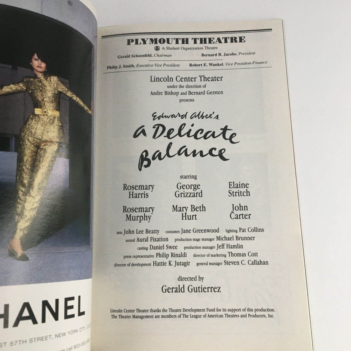 The cast listing page from the 1996 Playbill for Edward Albee's A Delicate Balance, showcasing the production details and cast members at the Plymouth Theatre.