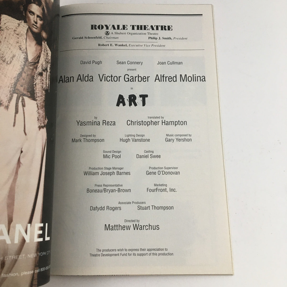 Credits page from the 1998 Playbill for 'ART' at Royale Theatre, listing cast members Alan Alda, Victor Garber, and Alfred Molina.