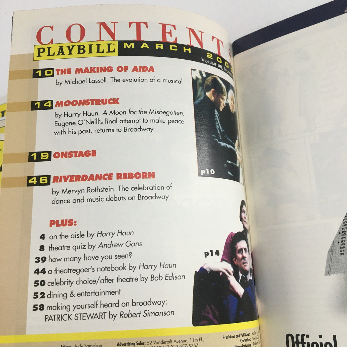 Inside content page of the 2000 Playbill from St. James Theatre featuring the show Swing, including highlights on Aida, Moonstruck, Riverdance Reborn, and more.
