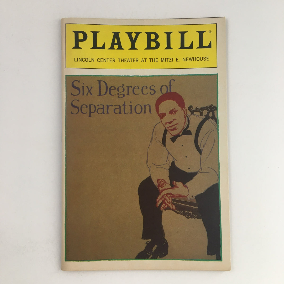 1990 Playbill for Six Degrees of Separation from Lincoln Center Theater featuring a cover illustration of a seated figure in formal attire.