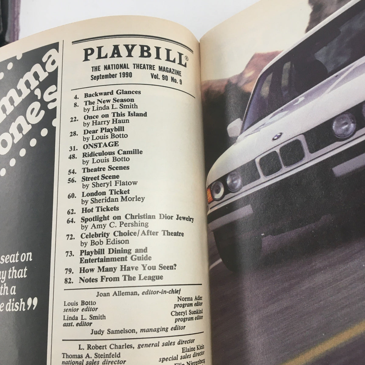 Interior page of the September 1990 Playbill for Six Degrees of Separation with advertisements and content related to the theater.