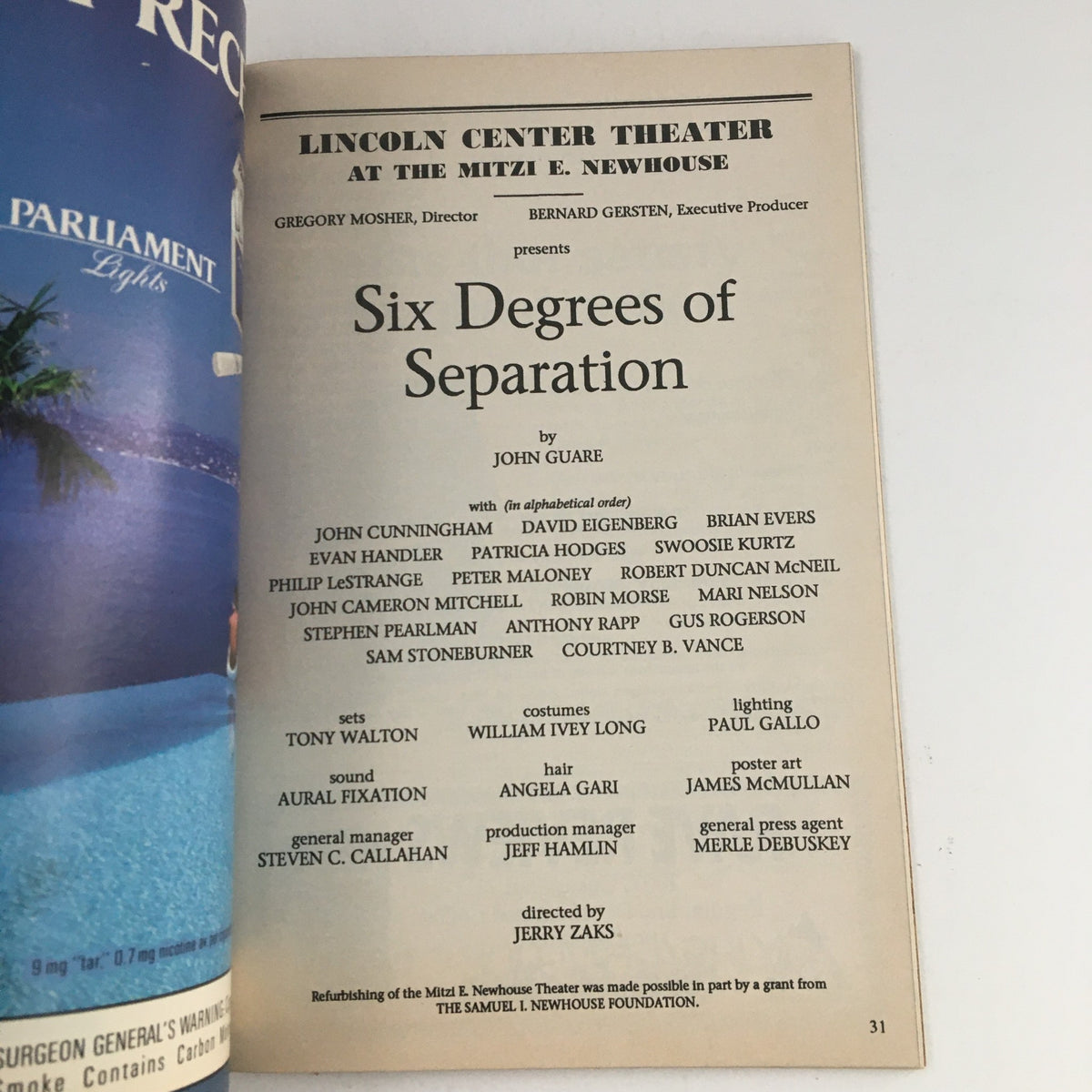 Cast list and credits for Six Degrees of Separation in the 1990 Playbill from Lincoln Center Theater, showcasing key contributors and production information.