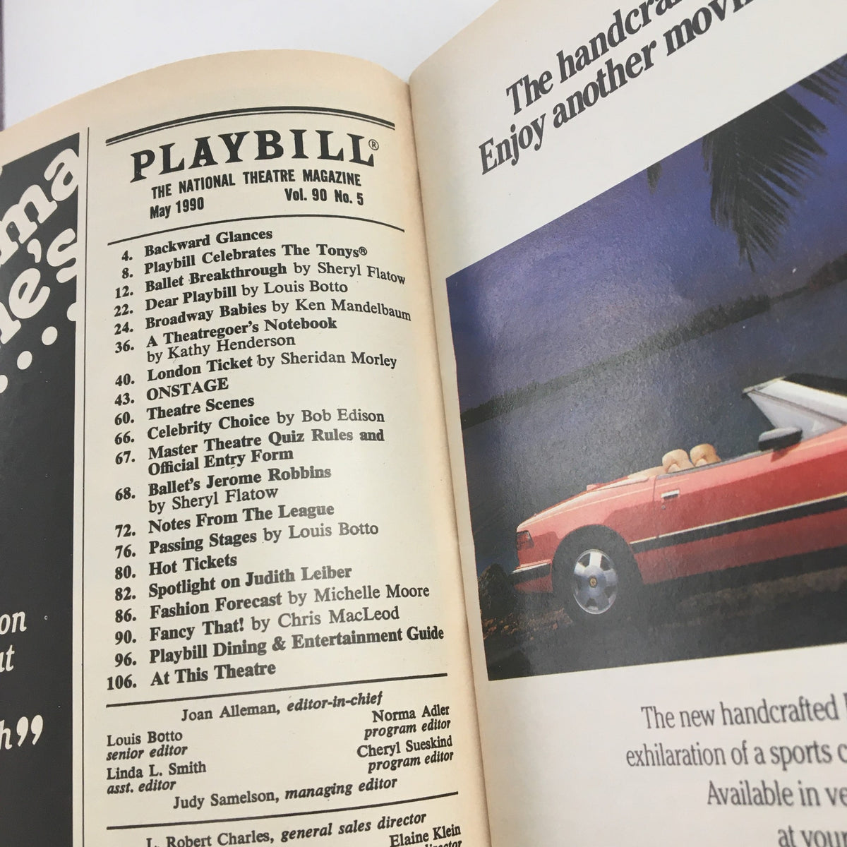 Inside view of the 1990 Playbill for Prelude To A Kiss, showcasing articles and advertisements from the May 1990 edition of The National Theatre Magazine.