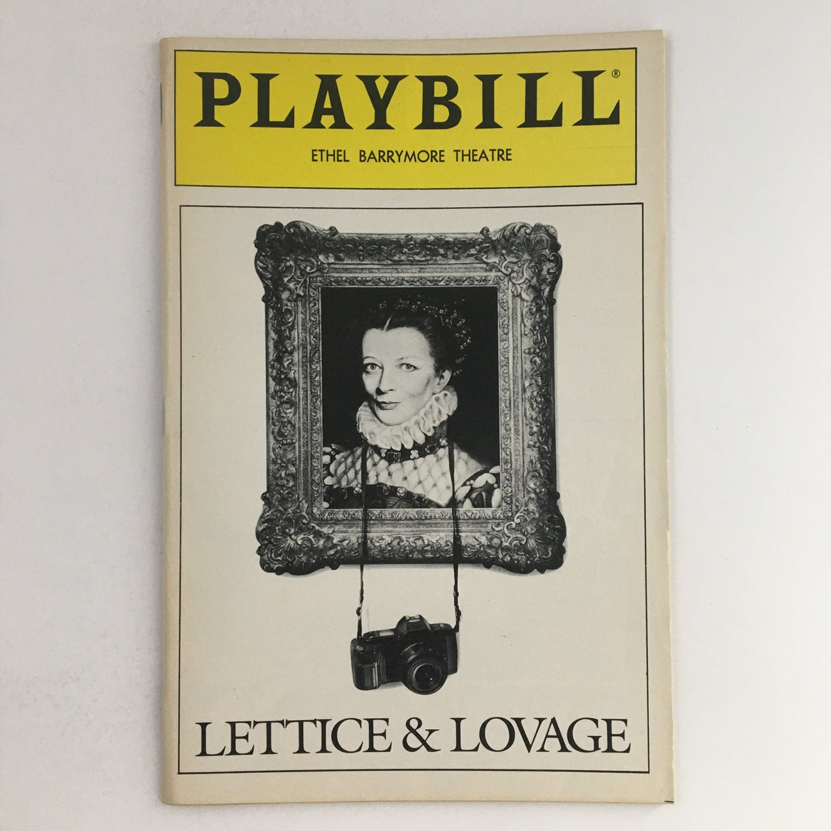 1990 Playbill for Ethel Barrymore Theatre's presentation of Maggie Smith in Lettice & Lovage, featuring a portrait of a character with a camera and a decorative frame.