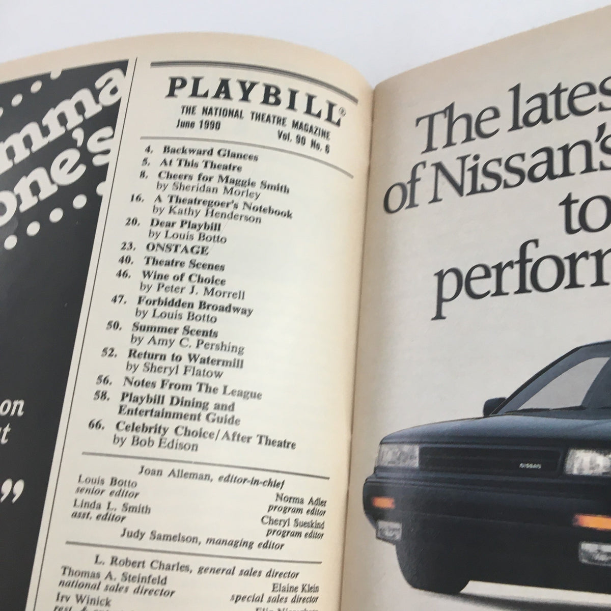 Inside view of the 1990 Playbill for Ethel Barrymore Theatre's production of Lettice & Lovage, showcasing theater listings and advertisements.
