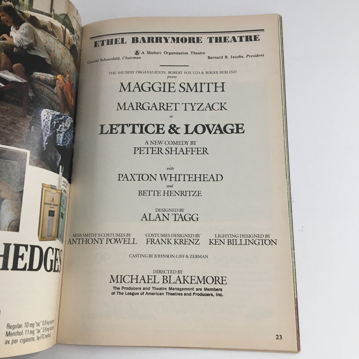 1990 Playbill for the Ethel Barrymore Theatre presentation of Maggie Smith in Lettice & Lovage, featuring details of the cast and production credits.