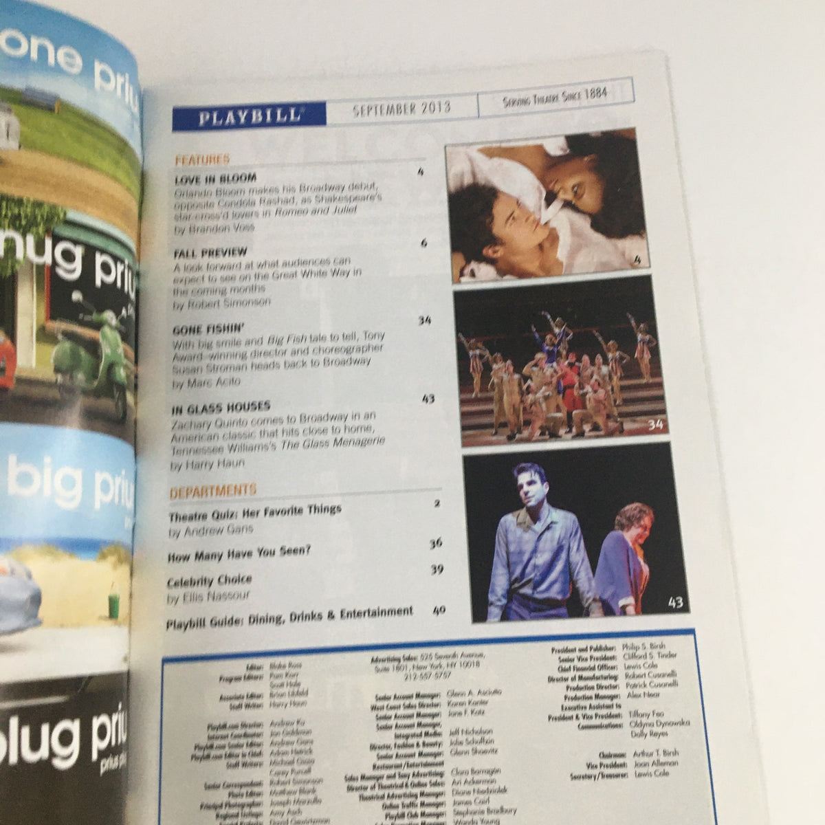 Interior page of the 2013 Playbill for Roald Dahl's Matilda The Musical featuring articles and features related to Broadway performances.