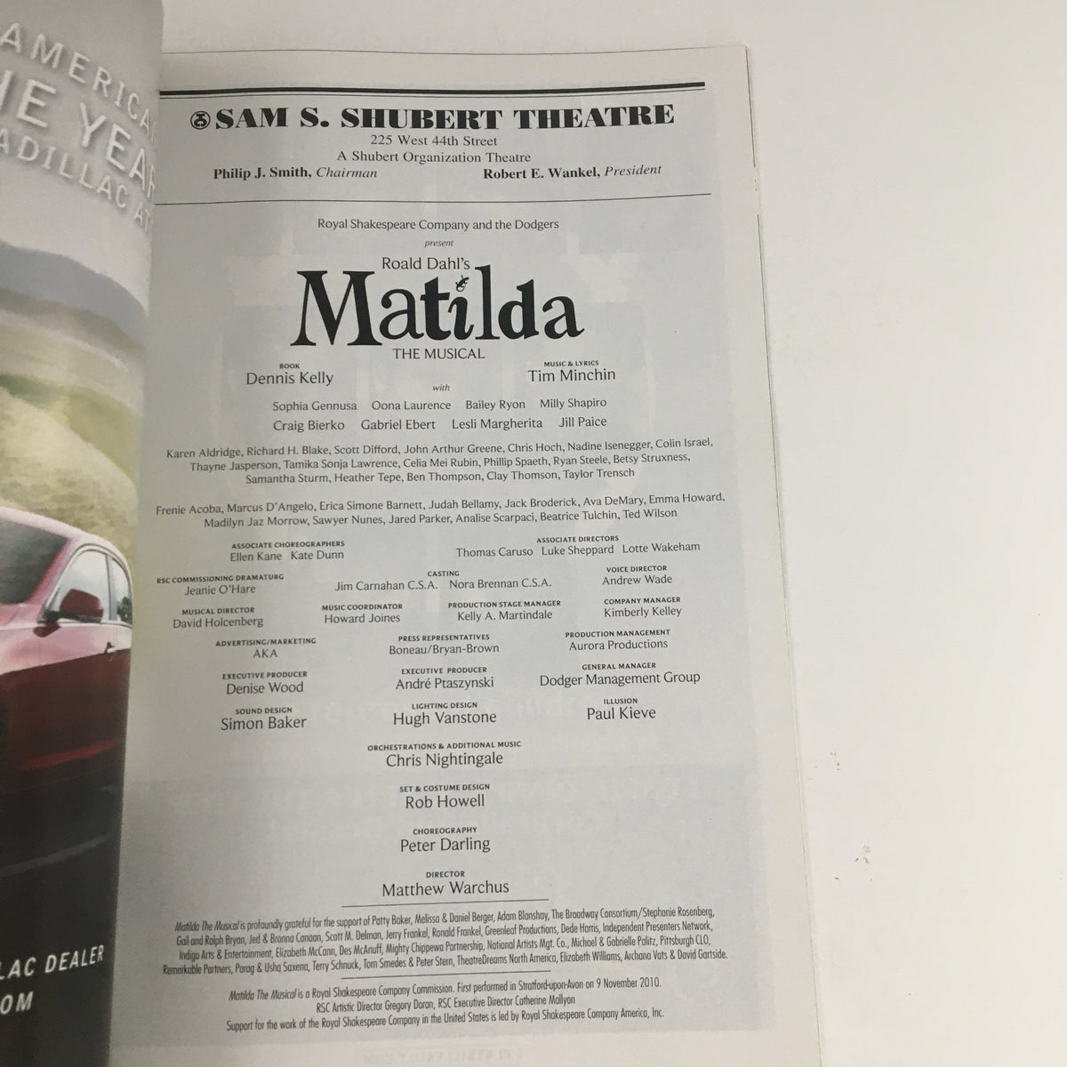 2013 Playbill for Roald Dahl's Matilda The Musical at the Sam S. Shubert Theatre, showcasing cast and production details.