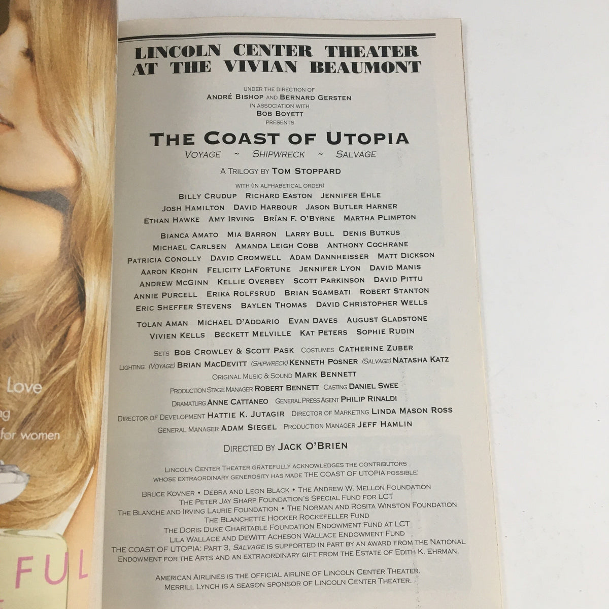 Cover page of the 2007 Playbill for Lincoln Center Theater's The Coast of Utopia, featuring cast and crew details along with production information.