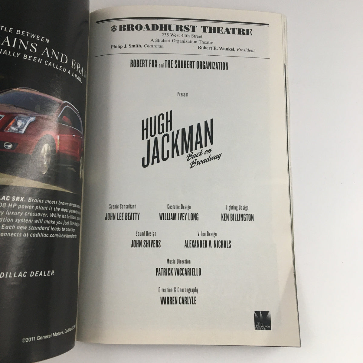 Broadway show title page in the 2011 Playbill for 'Back On Broadway' featuring Hugh Jackman at the Broadhurst Theatre.