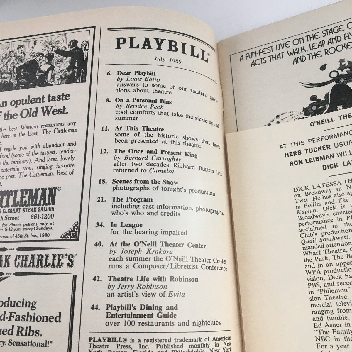 Inside page of the 1980 Playbill for I Ought To Be In Pictures, containing articles and information about the theater production.