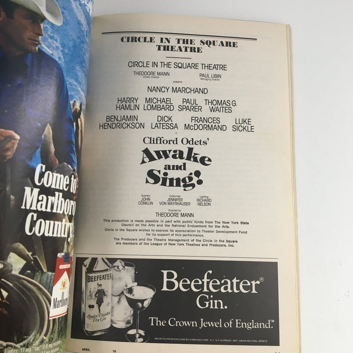 Back view of the 1984 Playbill presenting Clifford Odets' Awake and Sing at Circle In The Square Theatre, displaying cast names and advertisements.