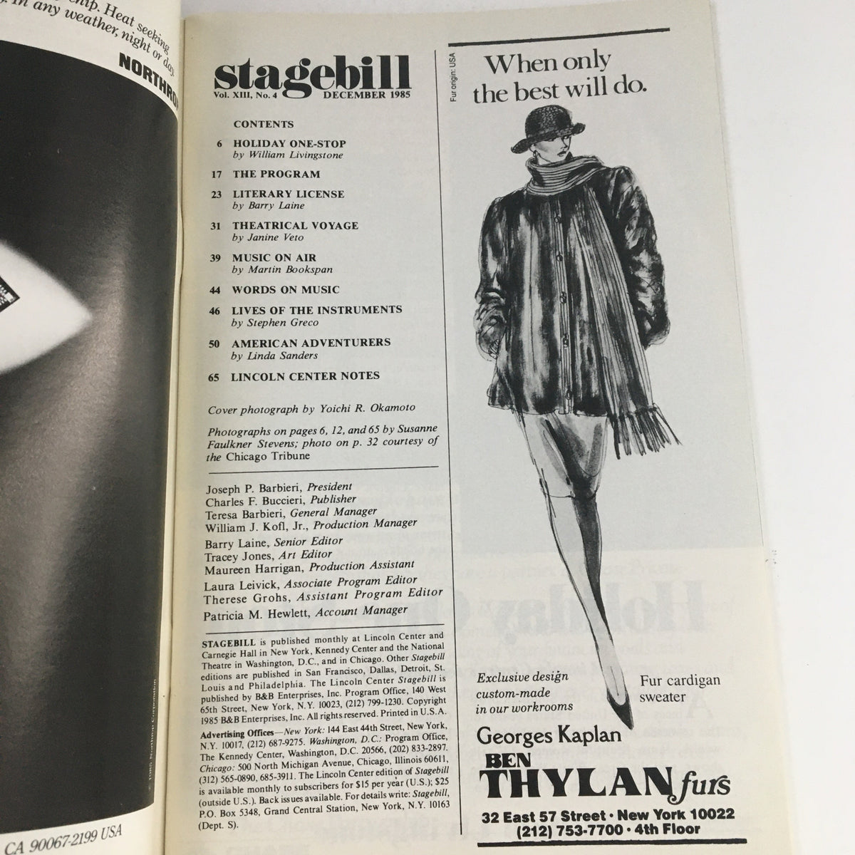 Inside page of the 1985 Lincoln Center Stagebill for Metropolitan Opera, displaying contents and an advertisement for fashion, capturing the essence of the theatrical voyage.