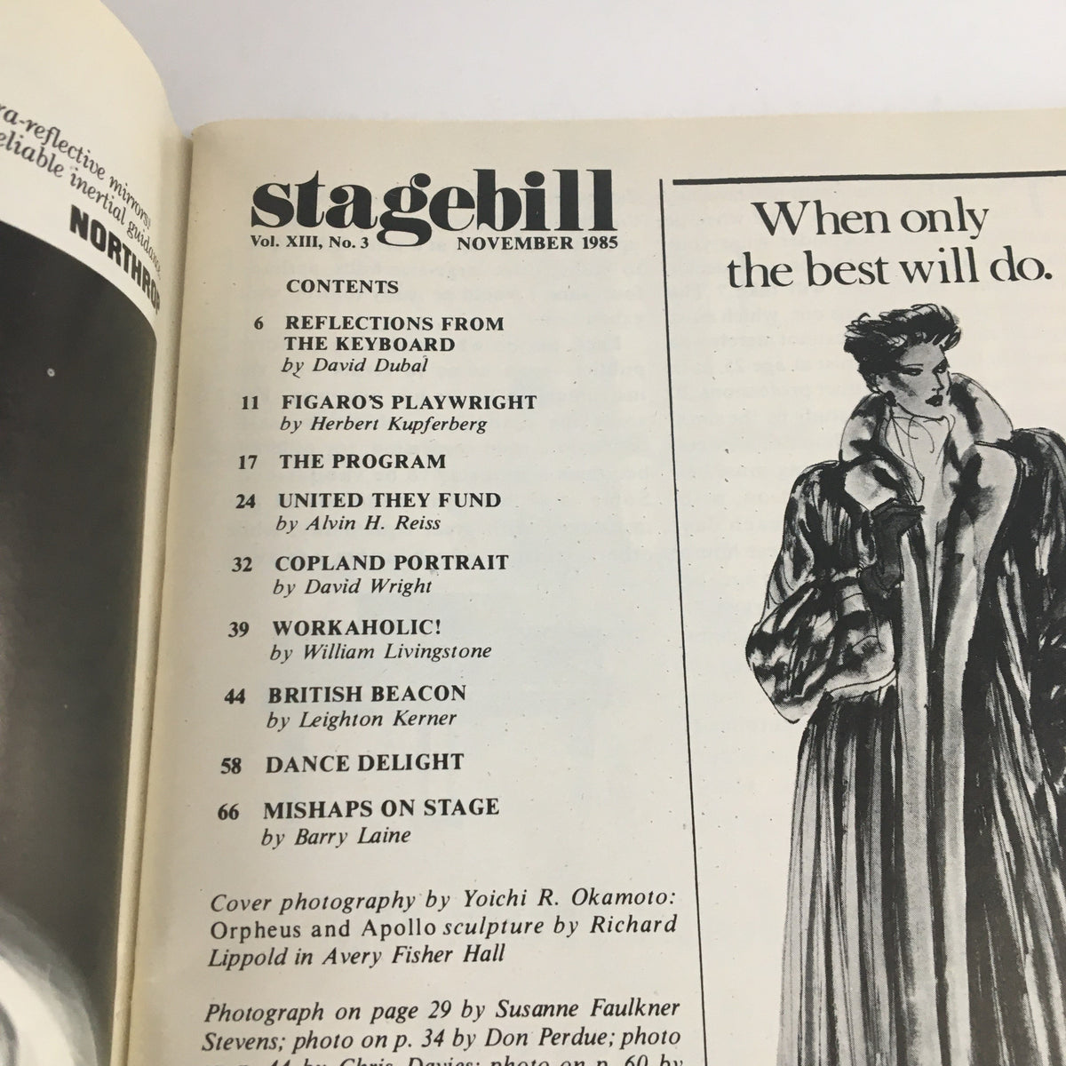 Inside page of the 1985 Lincoln Center Stagebill, showcasing the table of contents, including topics like 'Figaro's Playwright' and other performances listed for November 1985.