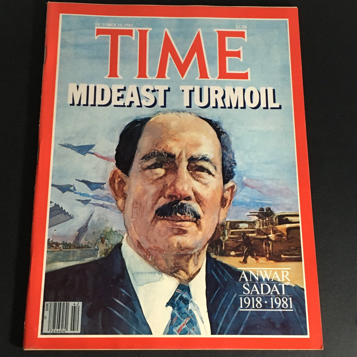 Vintage Time Magazine cover from October 19, 1981, featuring Anwar Sadat, highlighting Mideast turmoil and commemorating his life from 1918 to 1981.