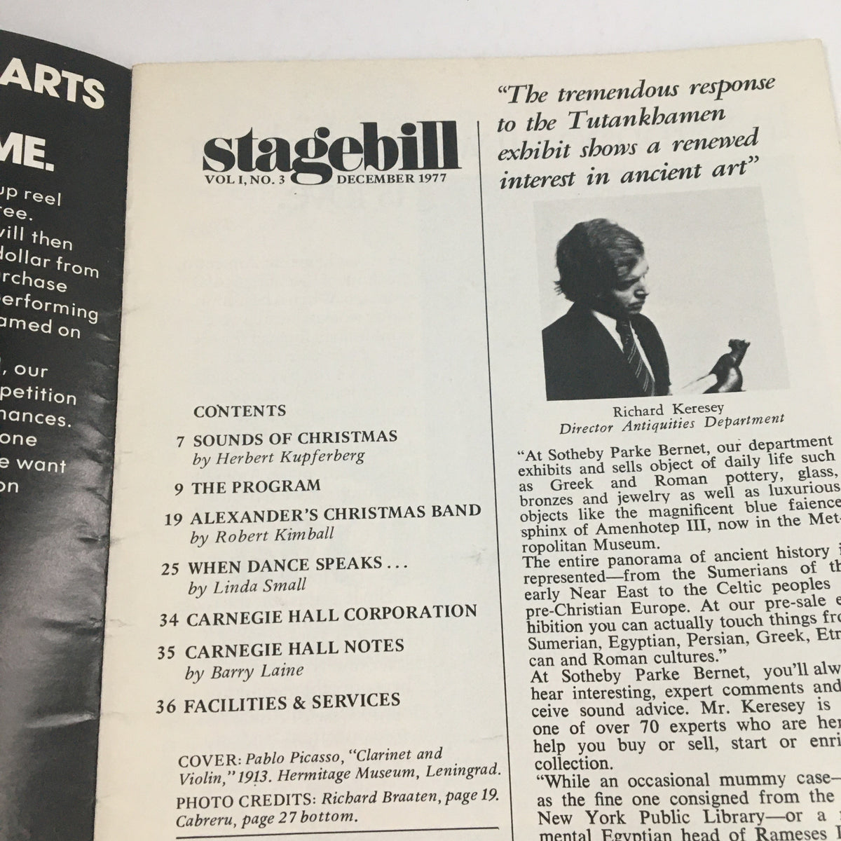 Contents page of the 1977 Stagebill for Carnegie Hall, highlighting articles including Sounds of Christmas and details about various performances.