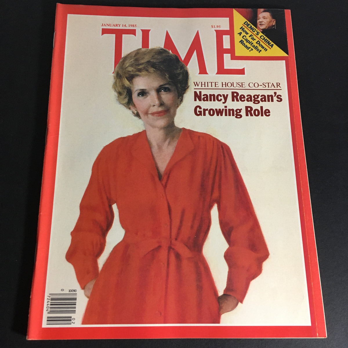 VTG Time Magazine January 14 1985 cover featuring Nancy Reagan in a red dress, showcasing her role as White House co-star, along with the headline regarding Deng Xiaoping's influence in China.