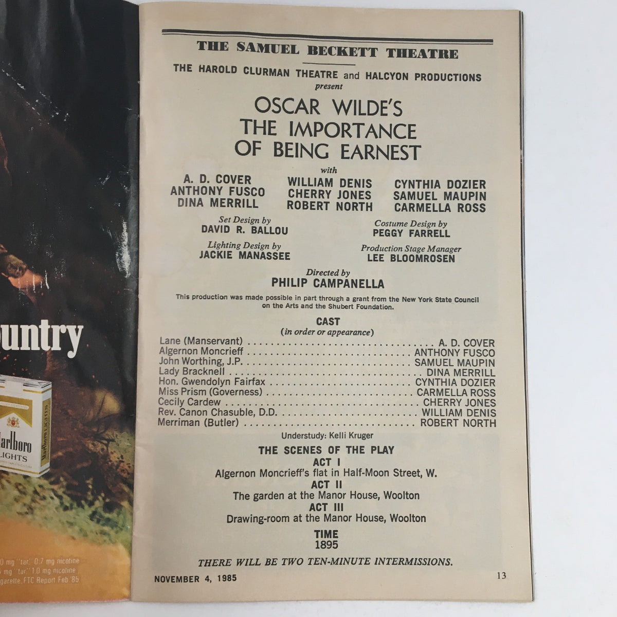 1985 Playbill for Oscar Wilde's The Importance Of Being Earnest at The Samuel Beckett Theatre, featuring cast details and production credits, ideal for theater enthusiasts and collectors.