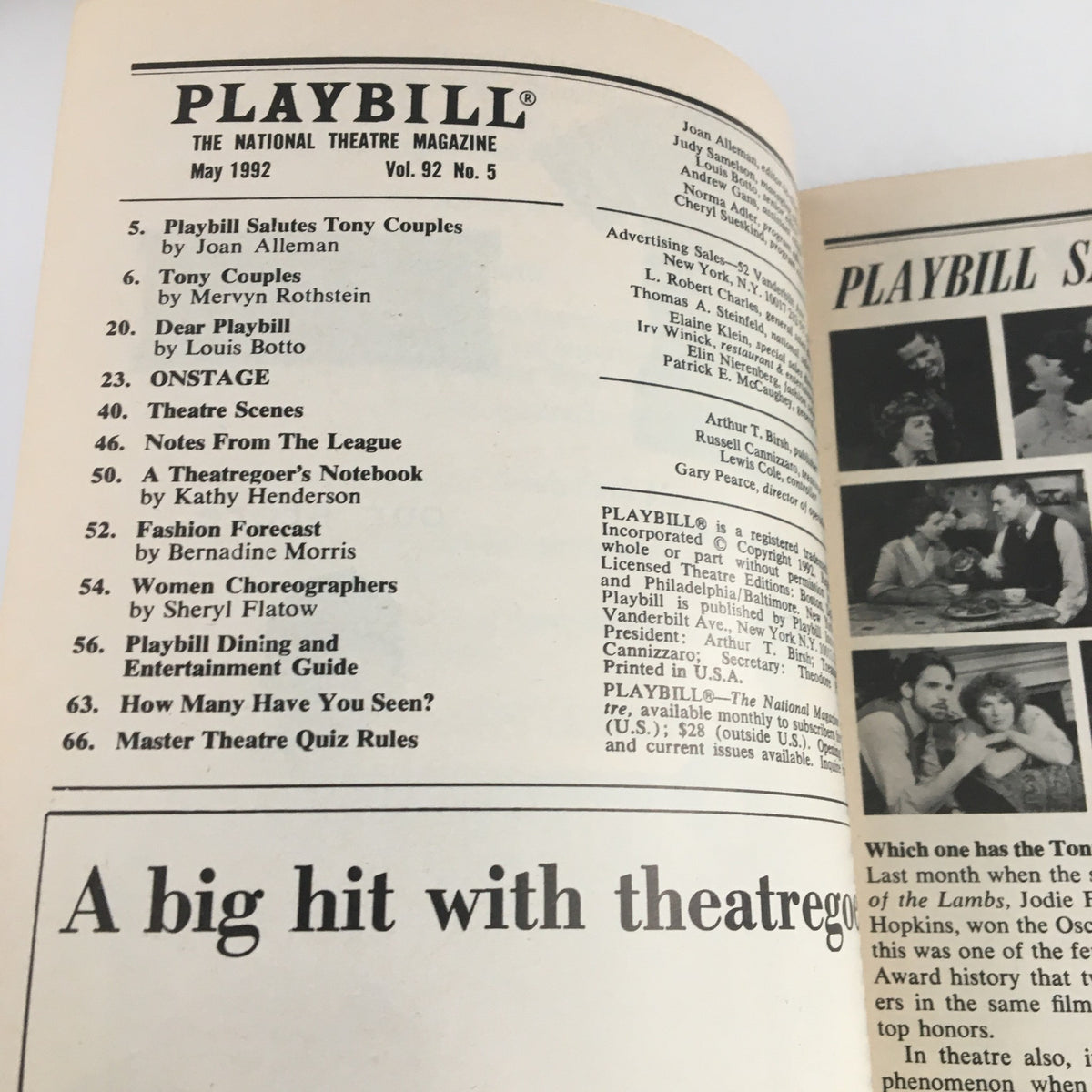 1992 Playbill Neil Simon Theater Contains a list of contents and features of the May 1992 issue including articles and theatre scenes.