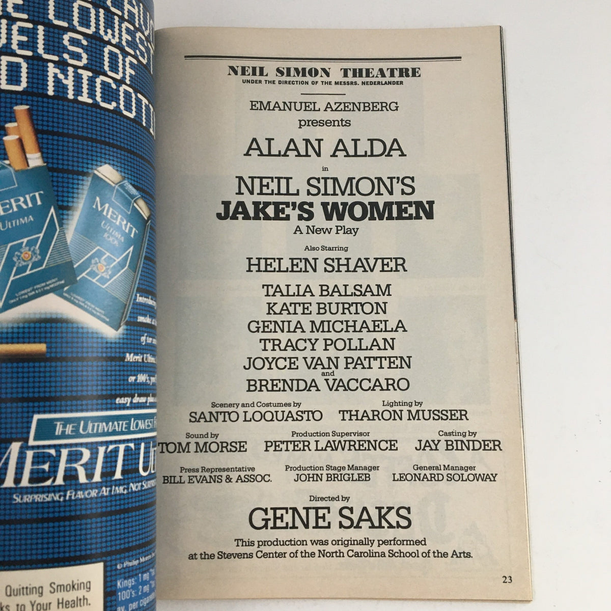 1992 Playbill Neil Simon Theater Featuring the cast details and production credits for Alan Alda in Neil Simon's Jake's Women.
