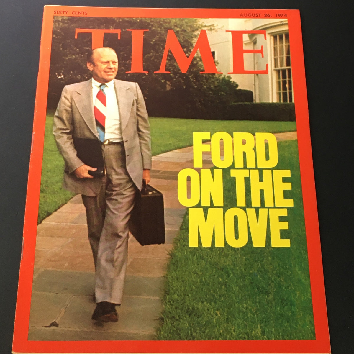Vintage Time magazine cover from August 26, 1974 featuring President Gerald Ford on the move. The cover highlights Ford's leadership during a pivotal time in American history with bold text stating 'FORD ON THE MOVE'.