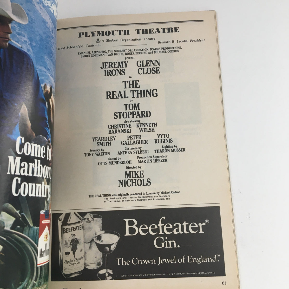 Interior page of the 1984 Playbill for 'The Real Thing' showcasing the cast details, production credits, and classic advertising, representing historical theater culture.