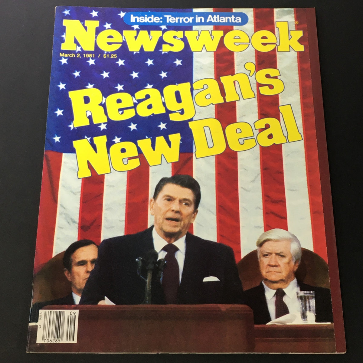 Vintage Newsweek Magazine cover from March 2, 1981, featuring Ronald Reagan's New Deal and the cover story on Terror in Atlanta. The magazine displays a bold yellow title against a backdrop of an American flag.