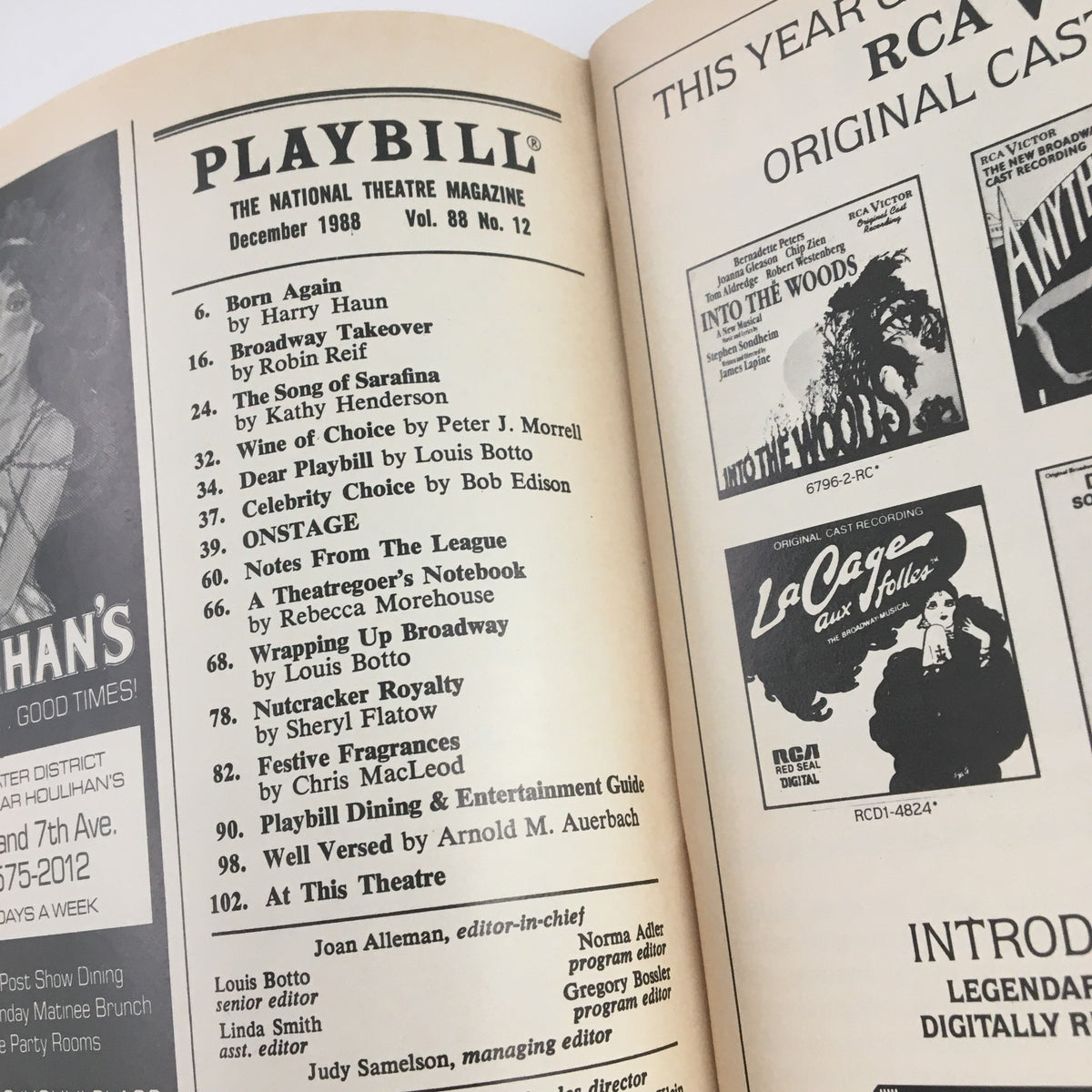 Inside of the 1988 Playbill for The Phantom of the Opera, showcasing article listings and advertisements, dated December 1988, Vol. 88 No. 12.