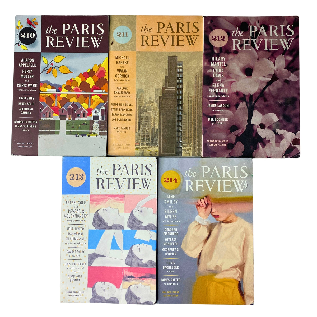Lot of 5 The Paris Review Magazine 2014-2015 featuring issues 210 to 214, showcasing covers with notable art and designs for Winter, Spring, Summer, and Fall.