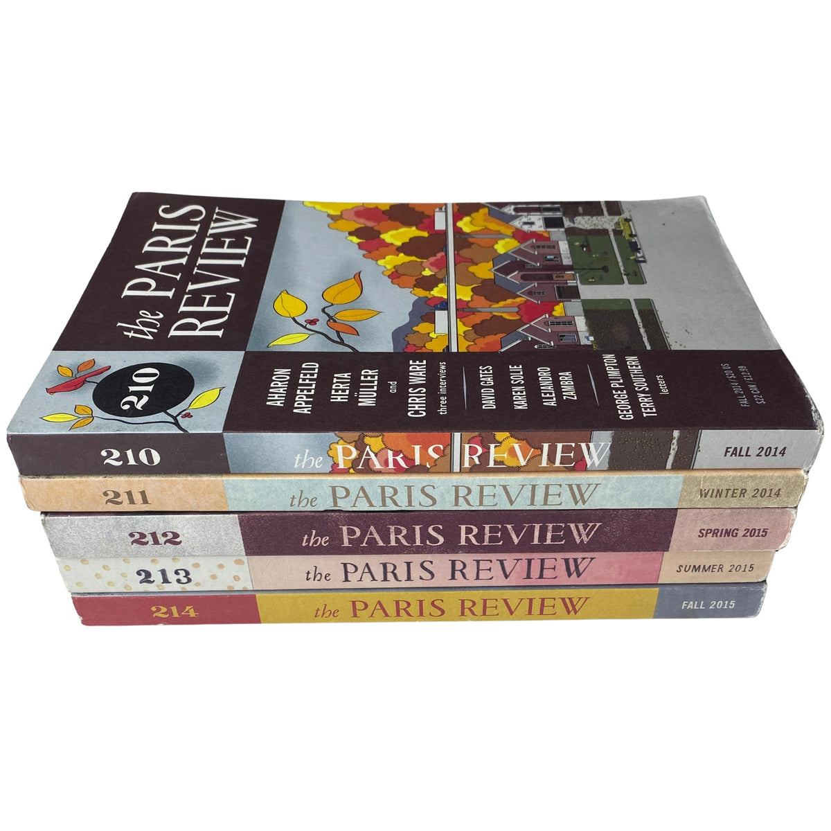 Lot of 5 The Paris Review Magazine 2014-2015 stacked display showing covers of issues 210 to 214, highlighting Fall 2014, Winter 2014, Spring 2015, Summer 2015, and Fall 2015.