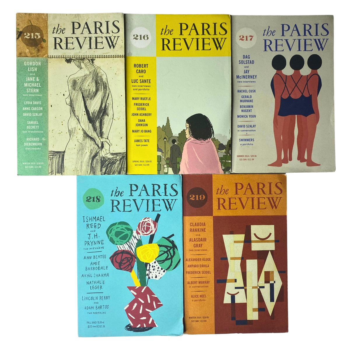 Lot of 5 The Paris Review Magazine 2015-2016 featuring issues 215 to 219 from Winter, Spring, Summer, and Fall, showcasing iconic covers and artwork.