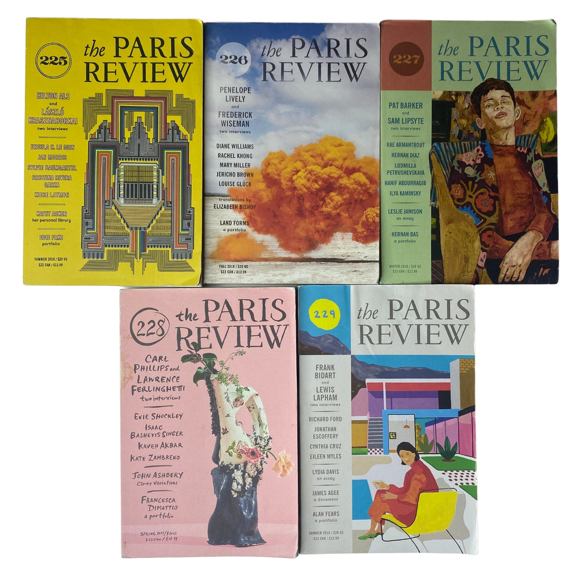 Lot of 5 The Paris Review Magazine 2018-2019 with issues 225, 226, 227, 228, and 229 featuring colorful covers representing seasonal themes.