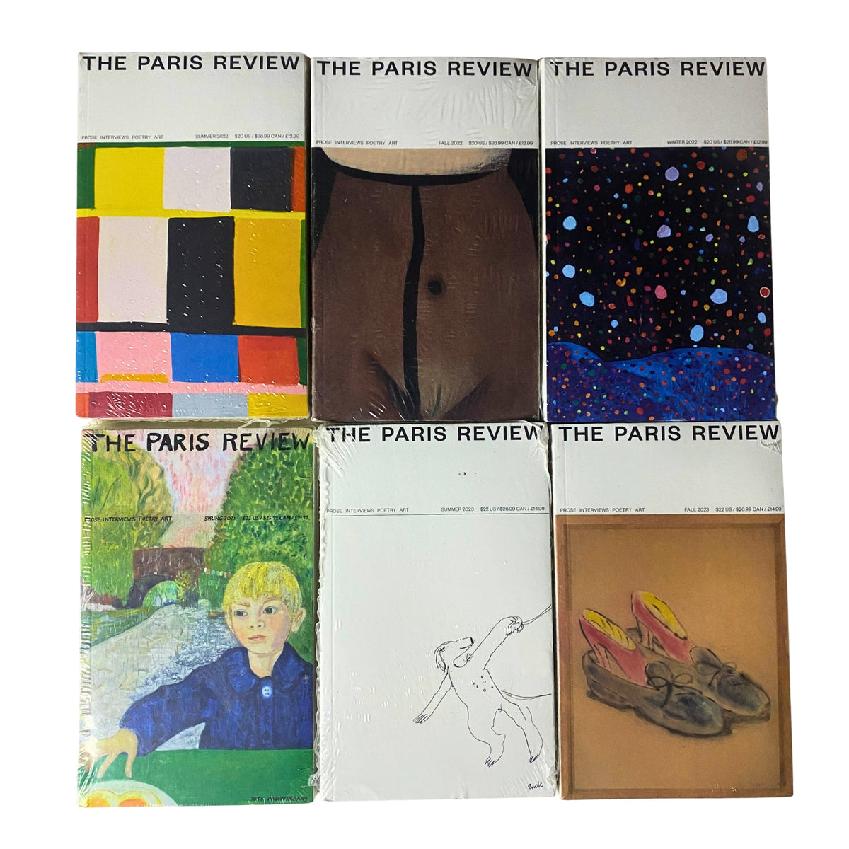 Lot of 6 The Paris Review Magazine 2022-2023 featuring diverse cover art in brand new condition, including issues for Winter, Spring, Summer, and Fall.