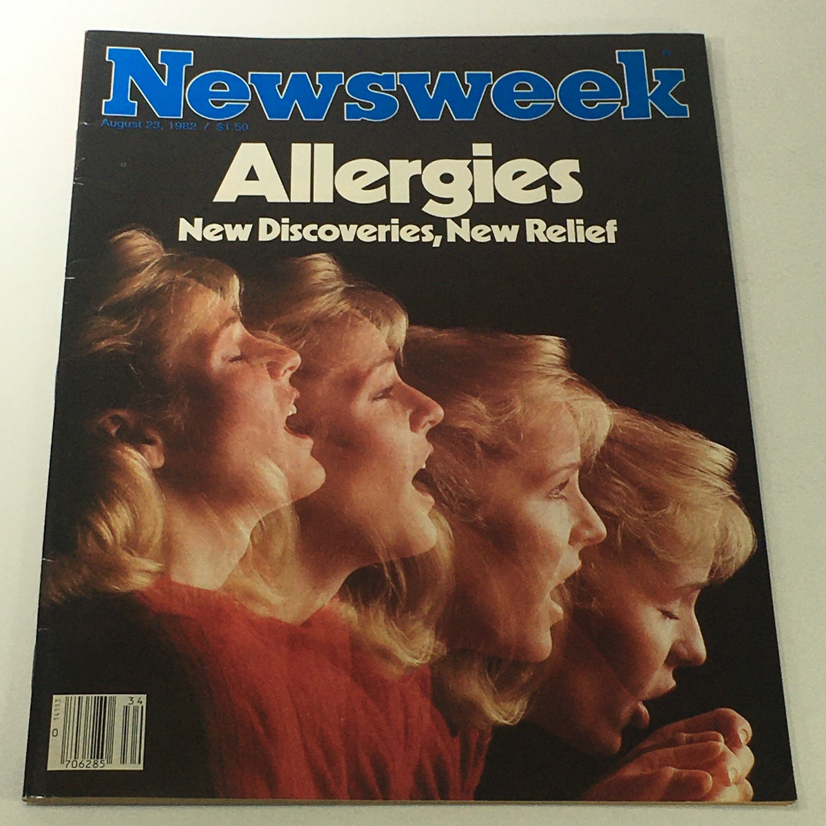 Cover of the Newsweek magazine from August 23, 1982, featuring a striking image related to allergies and showcasing the headline 'Allergies: New Discoveries, New Relief.' This vintage magazine illustrates the medical advancements and discussion surrounding allergies during the early 1980s.
