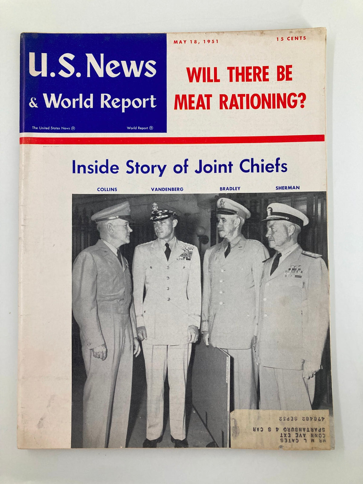 Cover of US News & World Report Magazine dated May 18, 1951, featuring the title 'Inside Story of Joint Chiefs' with a focus on military figures in uniform and inquiry about meat rationing.