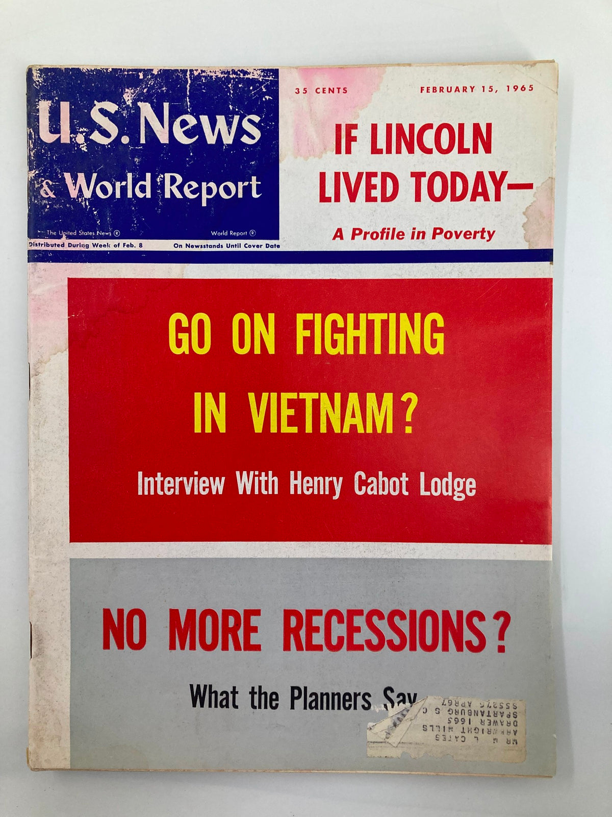 Cover of US News & World Report Magazine February 15 1965 featuring the headline 'Go On Fighting in Vietnam?' with an interview with Henry Cabot Lodge and discussions on poverty.
