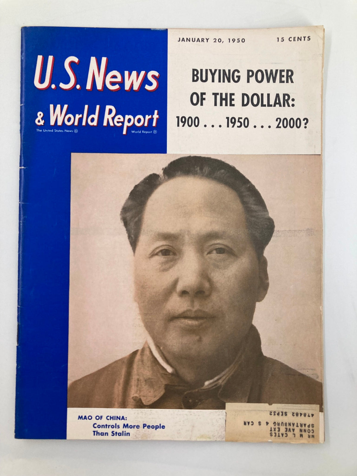 Cover of US News & World Report Magazine from January 20, 1950, featuring a portrait of Mao Zedong with the headline 'Controls More People Than Stalin.' The magazine discusses global power dynamics post-World War II.